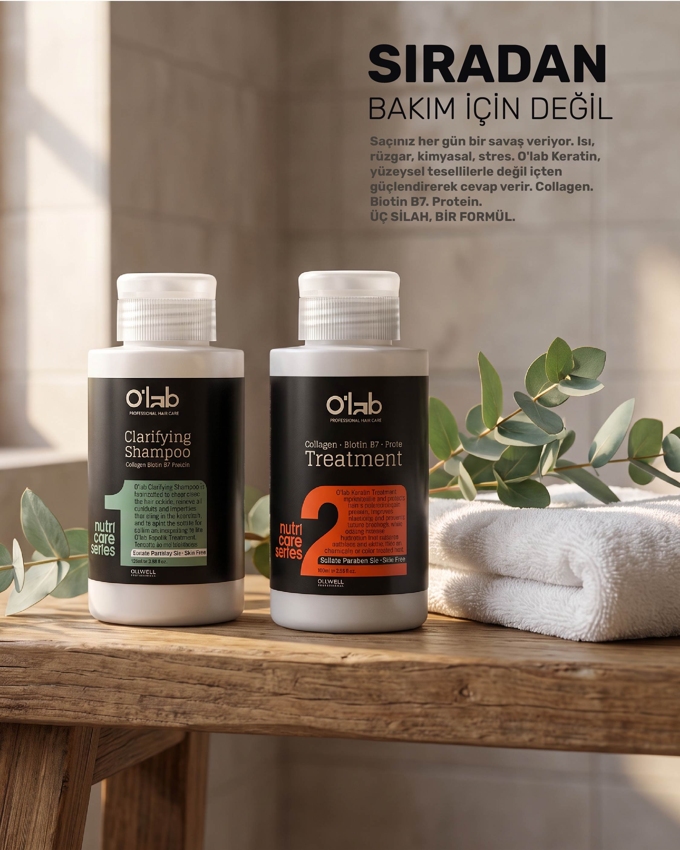 O'lab Nutri-Care Profesyonel Keratin Bakım Seti 100 ml x 2 - Evde Brezilya Fönü Kiti | Arındırıcı Şampuan & Keratin Kompleksi | Collagen & Biotin B7 Destekli Onarım
