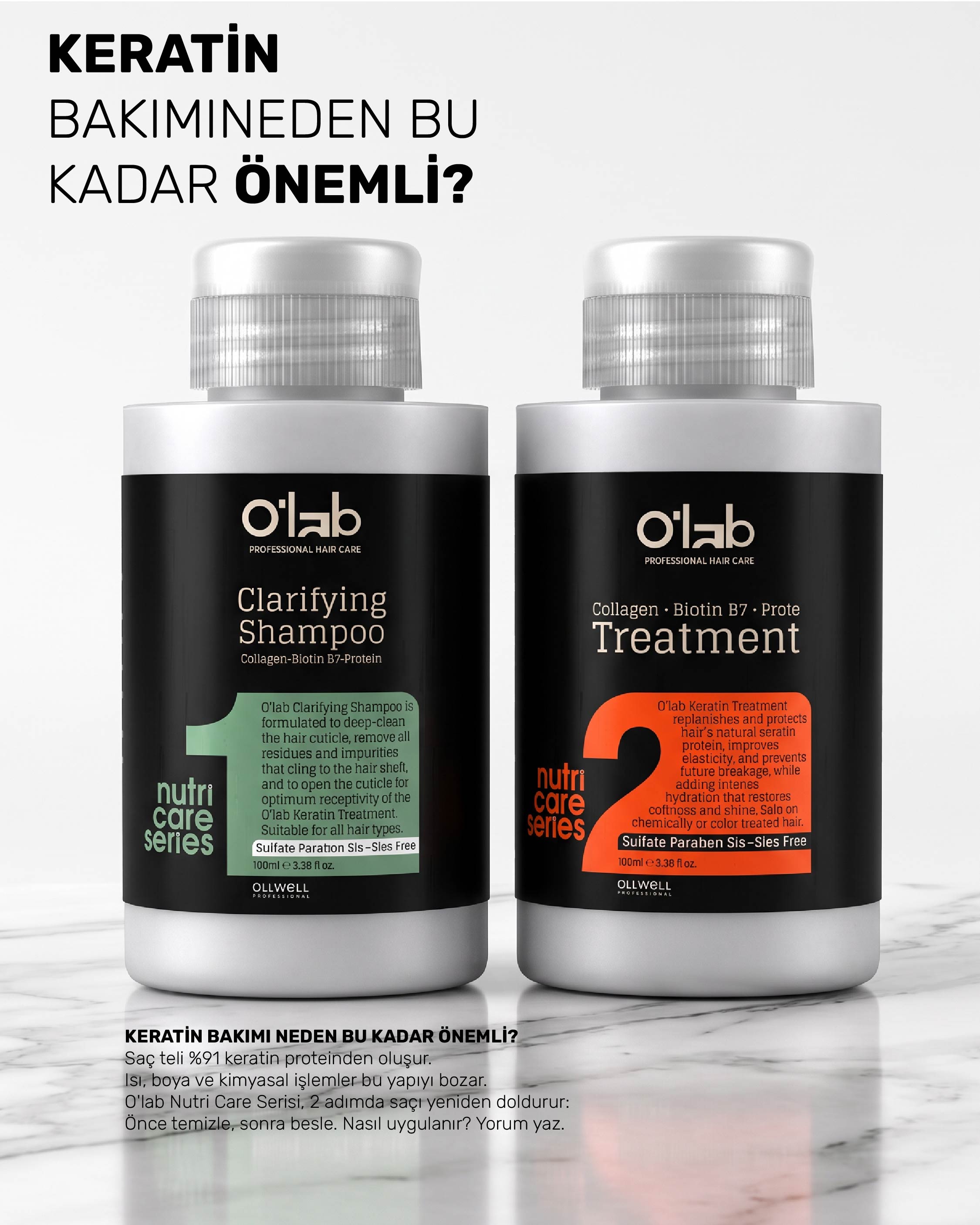 O'lab Nutri-Care Profesyonel Keratin Bakım Seti 100 ml x 2 - Evde Brezilya Fönü Kiti | Arındırıcı Şampuan & Keratin Kompleksi | Collagen & Biotin B7 Destekli Onarım