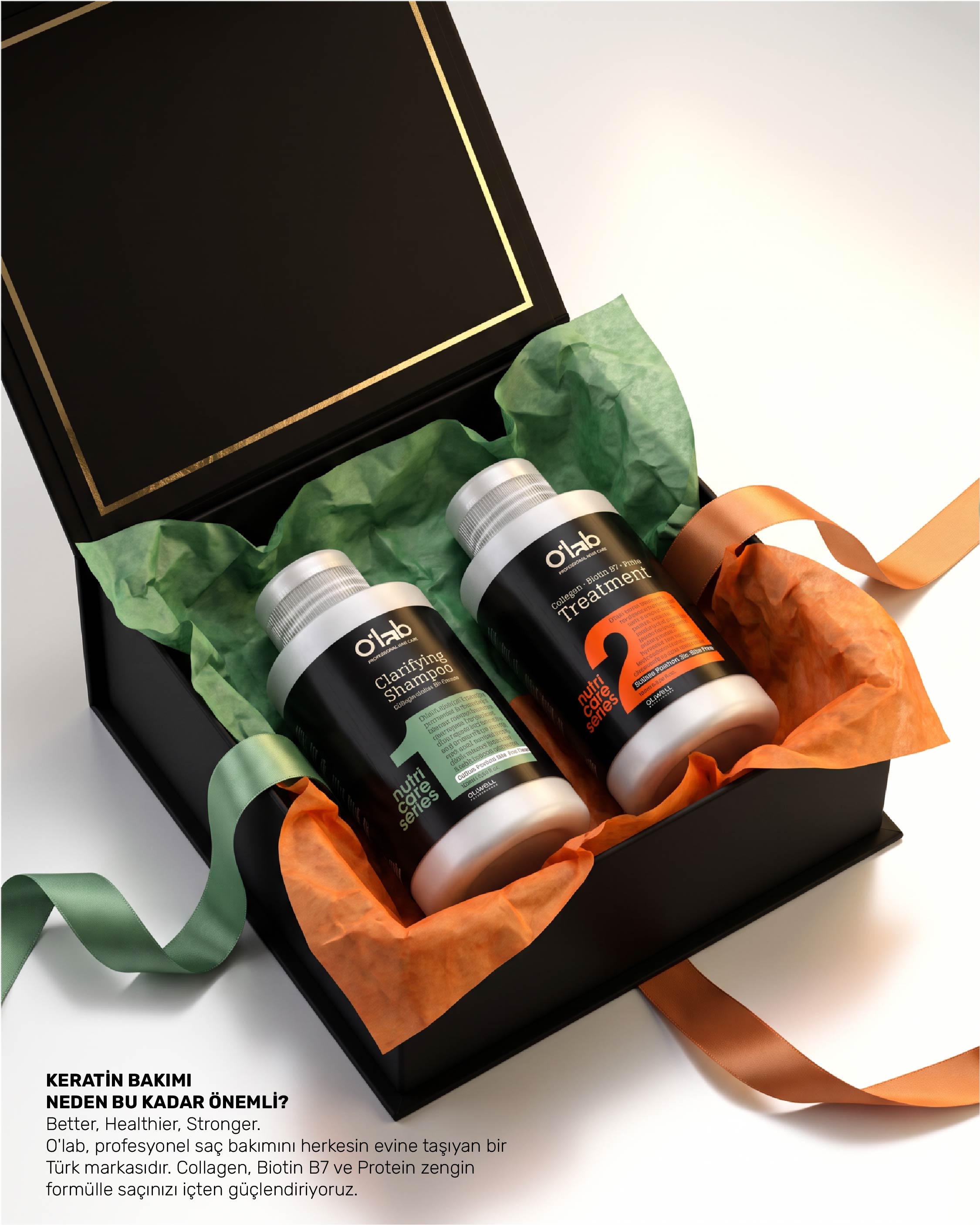 O'lab Nutri-Care Profesyonel Keratin Bakım Seti 100 ml x 2 - Evde Brezilya Fönü Kiti | Arındırıcı Şampuan & Keratin Kompleksi | Collagen & Biotin B7 Destekli Onarım
